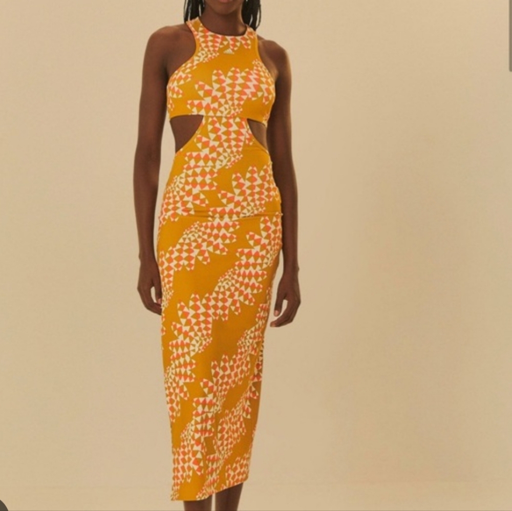 Adidas X Farm Rio Yellow and Orange Beige Cut Out Dress